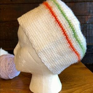 Hand knitted Unisex white skullcap with green & orange stripes